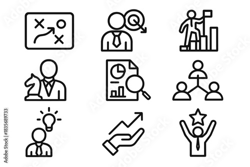 Business strategy and management outline icons covering analysis growth and success