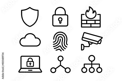 Essential digital security and data protection concepts represented by outline symbols