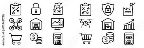 Outline symbols representing business, finance, logistics, and technology concepts