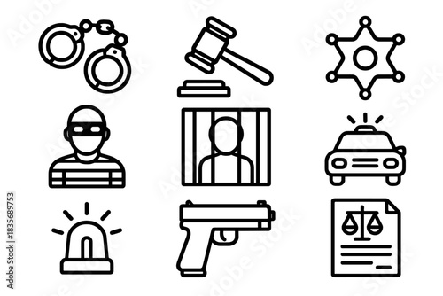 Black and white outline icons set representing law enforcement, justice, crime, and legal proceedings