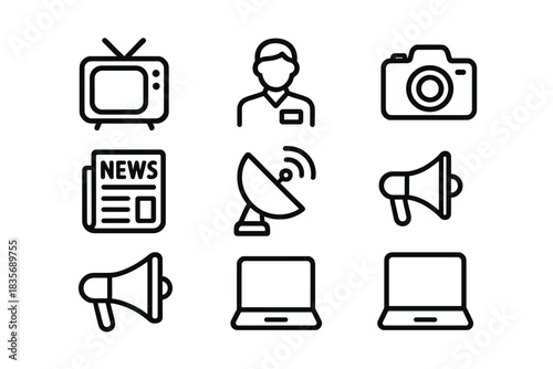 Outline icons representing tools for news, broadcasting, and mass media communication