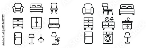 Modern home furniture and household appliances line art for interior design concepts