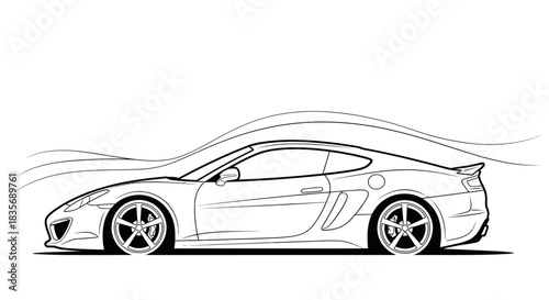 Sleek sports car side profile line drawing illustration.