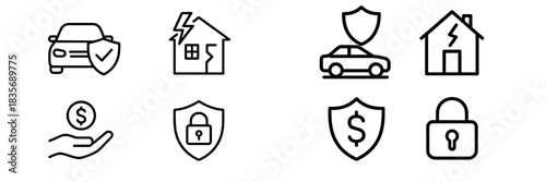 Essential set of outline symbols for property, financial, and vehicle insurance concepts and security protection