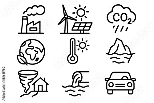 Climate change and global warming symbols for pollution, renewable energy, and natural disasters