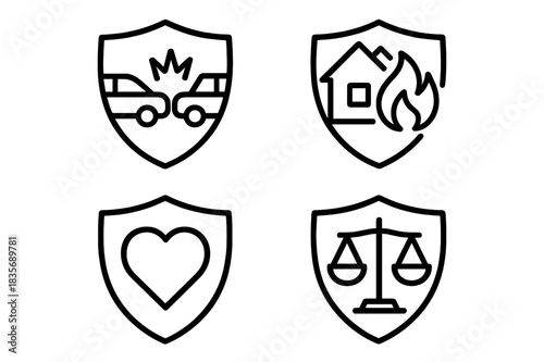 Essential insurance coverage symbols for auto accident, property fire, health, and legal protection services