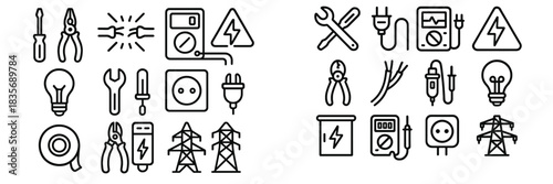Outline icons set of electrical tools, equipment, power outlets, light bulbs, and warning signs