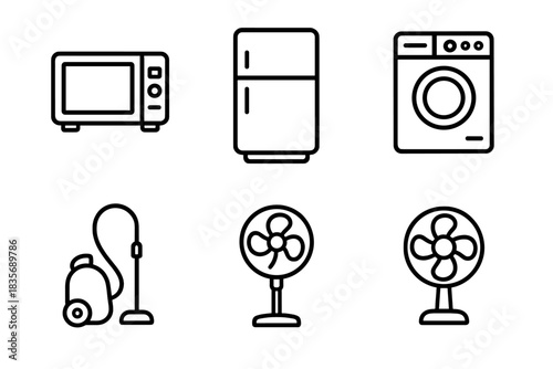 Outline icons of essential home appliances and electronic devices for domestic use