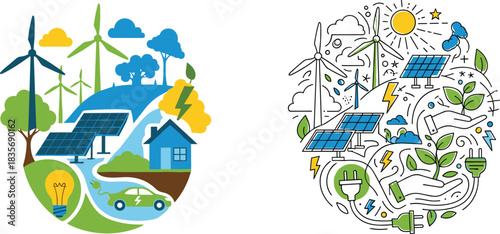 Renewable energy illustration featuring solar panels, wind turbines, eco power, clean electricity, sustainable environment, green technology symbols, and ecological innovation concept