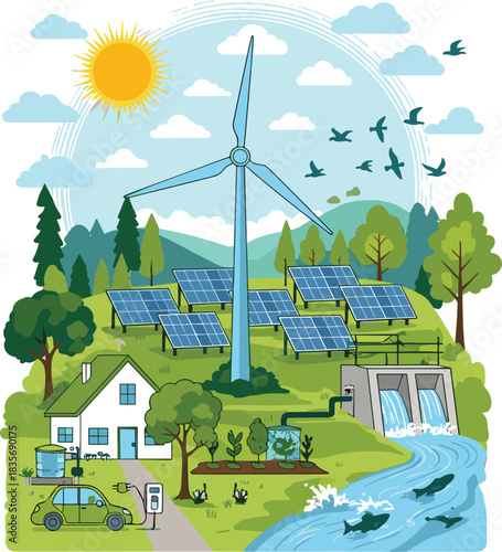 Sustainable energy landscape with solar panels, wind turbine, hydro power, electric car charging, eco house, green nature, clean renewable resources illustration