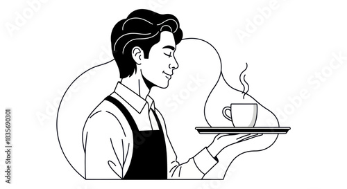 Smiling waiter holding coffee cup on tray serving customer with care.