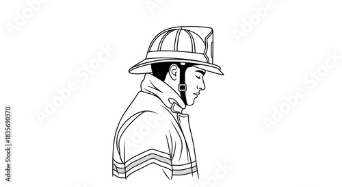 Brave Firefighter in Profile Line Art Illustration.