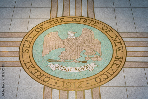 Great Seal of the State of New Mexico 1912 on the Marble Floor of the Capitol Building, Santa Fe, USA