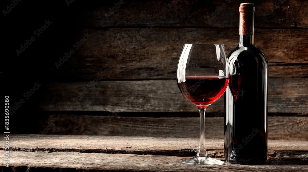 Fototapeta premium Elegant red wine bottle and glass on rustic wooden table, perfect for wine tasting events, restaurant promotions, and cozy evening celebrations