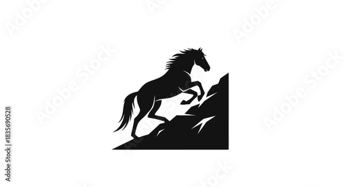 Powerful Black Horse Rearing on a Mountain Cliff Silhouette.