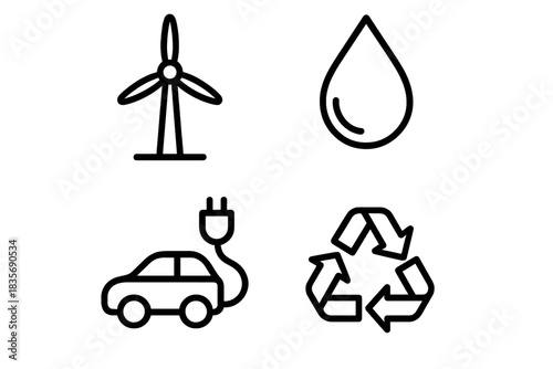 Sustainable ecology icons: wind power, water drop, electric vehicle, and recycling symbol