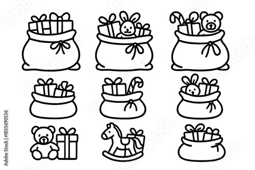 Set of outline icons showing Santa's sacks overflowing with wrapped presents and festive toys