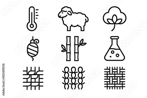 Outline symbols for textile production materials fabric structure wool cotton bamboo and temperature testing
