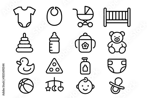 Outline icons set featuring essential items for newborn and infant care including crib, stroller, bottle, and diaper