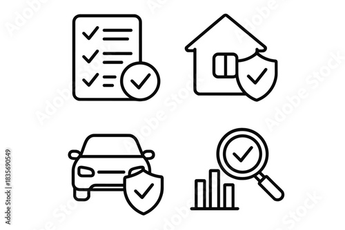 Insurance policy checklist, home and car protection, financial data analysis and verification symbols