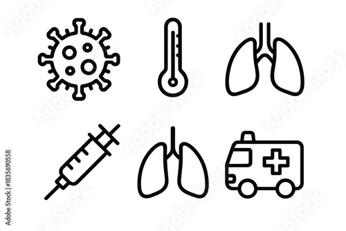 Set of medical icons including virus, thermometer, lungs, syringe, and ambulance symbols