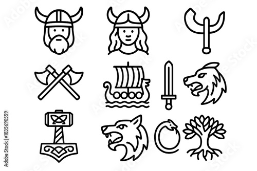 Norse mythology and Viking culture featuring warriors, weapons, longship, and ancient symbols