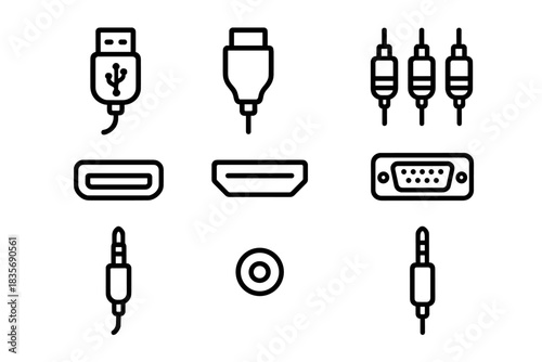 Essential electronic cable connectors and ports collection including USB, HDMI, VGA, and audio jacks