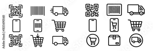 Black line icons for e-commerce, online shopping, delivery, scanning, and mobile payment