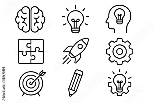 Creative thinking and business strategy concepts including idea, brain, target, and rocket launch