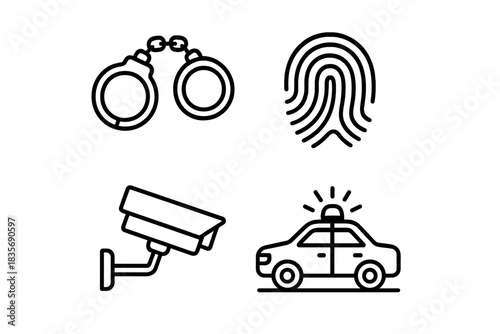 Security and law enforcement icons set with handcuffs, fingerprint, surveillance camera, and police car