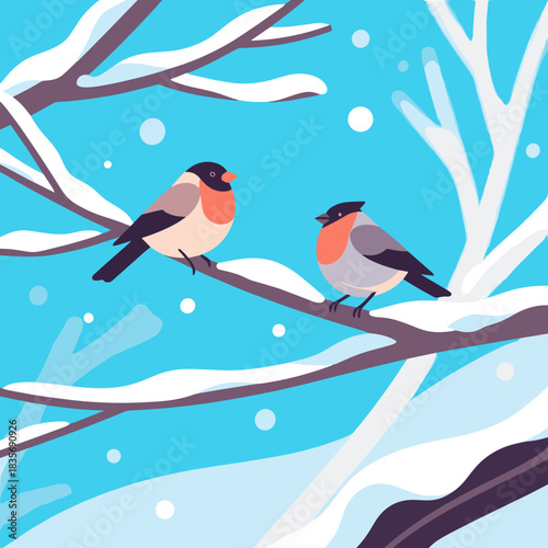 Pair of bullfinch birds on snowy tree branches, flat winter illustration in soft blue and coral colors, peaceful seasonal nature scene for holiday cards, children’s books and educational materials