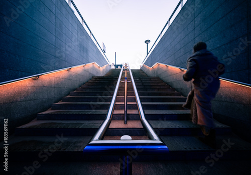 Photography silhouette of a person walking up the staircase with intentional motion blur