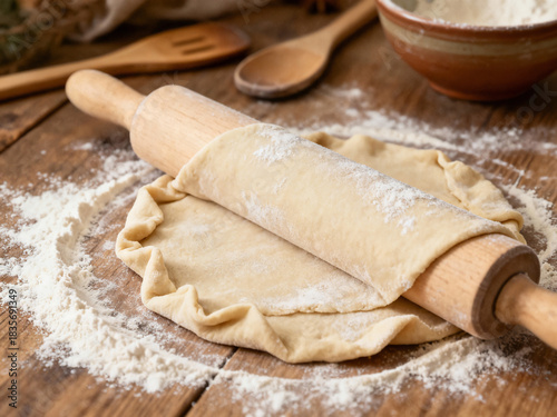 Rustic baking scene in warm tones, raw pie dough rolled with wooden rolling pin on floured wooden table, cozy homemade cooking concept for recipe blogs and food magazines