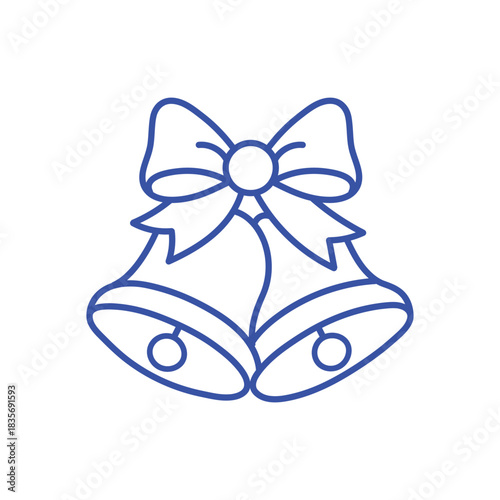 A simple blue line art illustration of two festive bells tied together with a large ribbon bow.