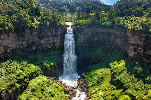 Fotografija Panoramic view of Tequendama Falls waterfall plunging into vast green canyon nea