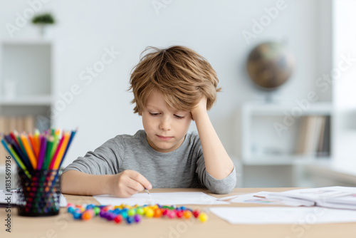 Child working on school tasks at home desk with art supplies