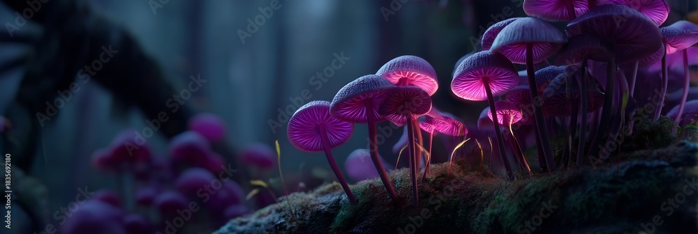 Obraz premium Enchanting cluster of glowing purple and pink bioluminescent mushrooms illuminating a dark, mystical fantasy forest landscape with vibrant colors and cinematic lighting.