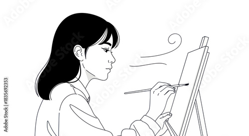 Minimalist line art illustration of a young woman painting on a canvas.