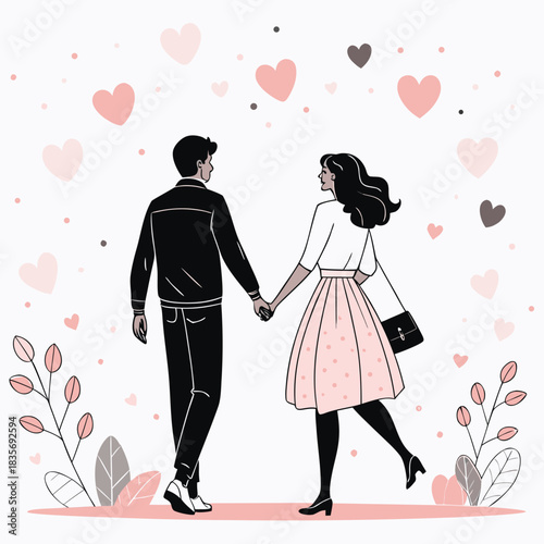 Couple Holding Hands Walking Together Surrounded by Hearts and Plants Flat Vector Illustration With Man and Woman in Love Strolling in Nature Background Design Style