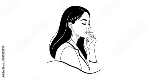 Contemplative woman with closed eyes and hand near lips thinking deeply.