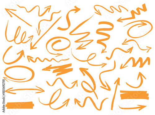 Set of yellow drawing Arrows. Vector Illustration.