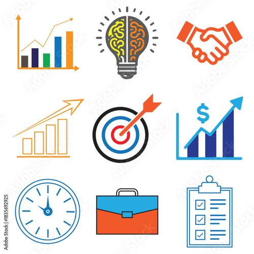 Business Icons Illustration: A collection of vibrant icons, perfect for business and marketing. Displaying the innovation, time, targets, analysis, communication, plans, success, solutions and vision