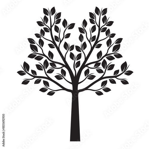 Black Tree with Leaves. Vector outline Illustration. Plant in Garden.