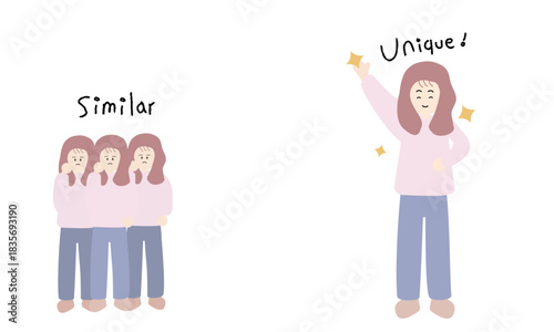 個性がなく似たような女性と唯一無二の女性のイラスト