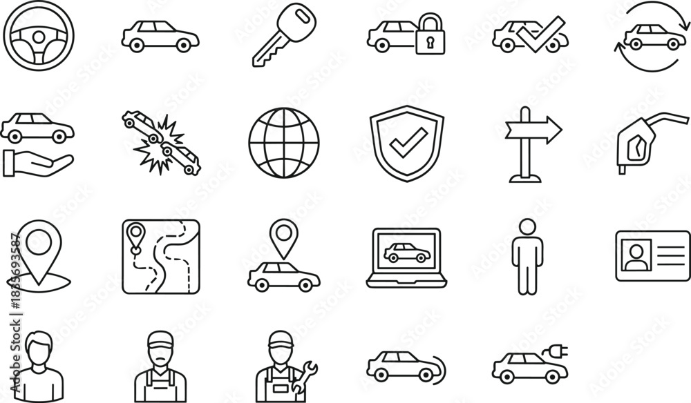 Naklejka premium Car, Automotive Service, Driving, and Insurance Vector Icons Set Showing Steering Wheel, Keys, GPS Location, Electric Vehicle, and Auto Repair.