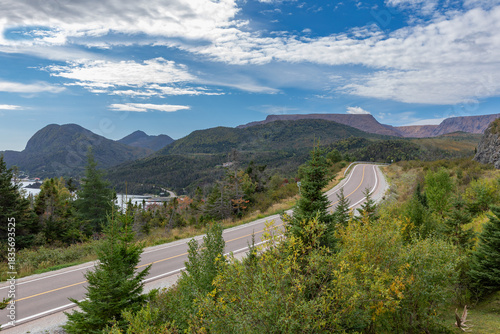 Panoramic View of Gros Morne National Park Tablelands Rock Formations as seen from Bonne Bay Road, Quebec, Canada on an Autumn Day