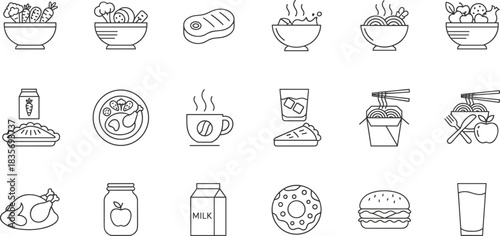 Food, Dining, Cooking, and Cuisine Vector Icons Set Showing Salad, Meat, Coffee, Noodles, Dessert, Milk, and General Meal Items.