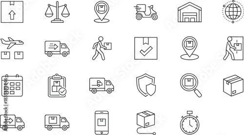 Logistics, Shipping, Delivery, and Transportation Vector Icons Set Showing Global Cargo, Warehouse Management, Courier Service, and Time-Sensitive Shipment.