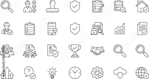 Quality Control, Compliance, Security, Verification, and Achievement Vector Icons Set, Including Business, Management, Human Resources, Safety, and Approved Checklist Signs.