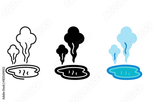 Ethereal Geothermal Pool. Minimalist depiction of geothermal pool with ethereal steam clouds rising into sky, first in line style